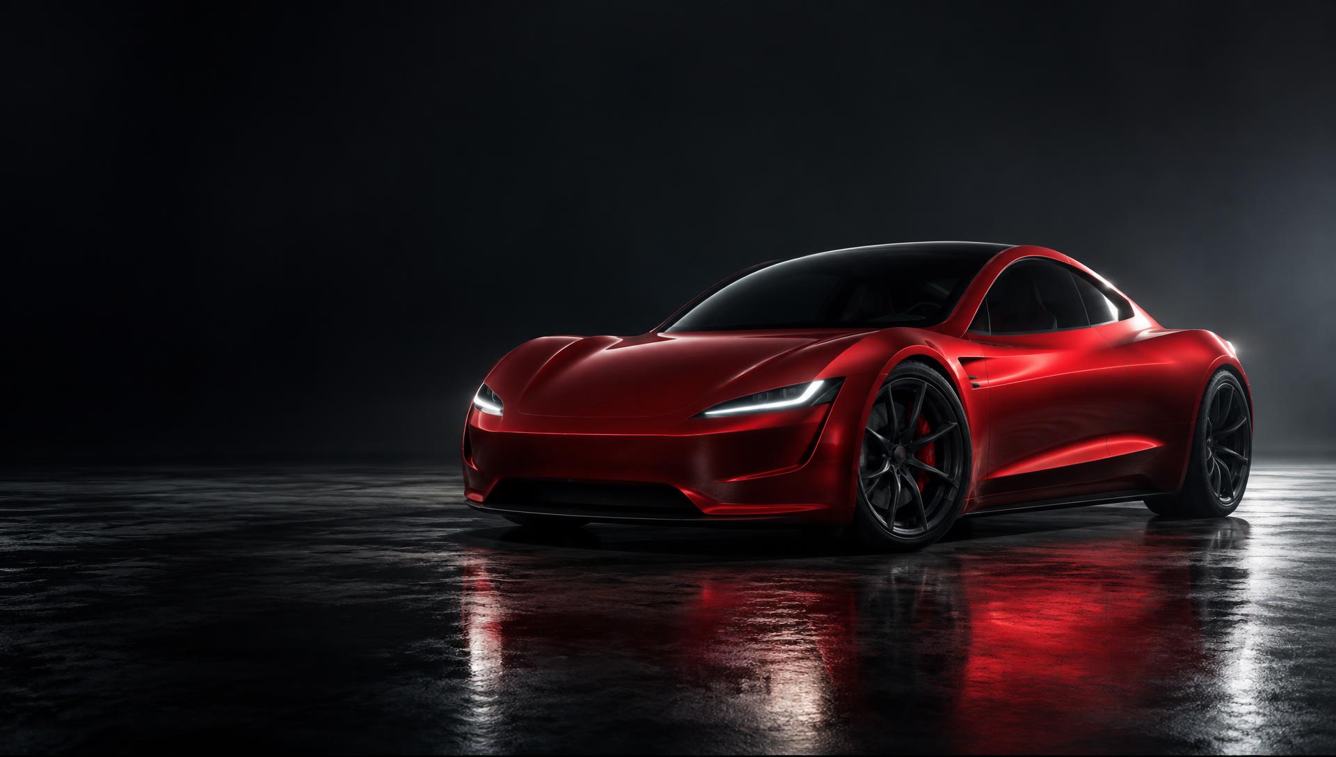 Red Tesla Roadster electric supercar in a cinematic dark studio
